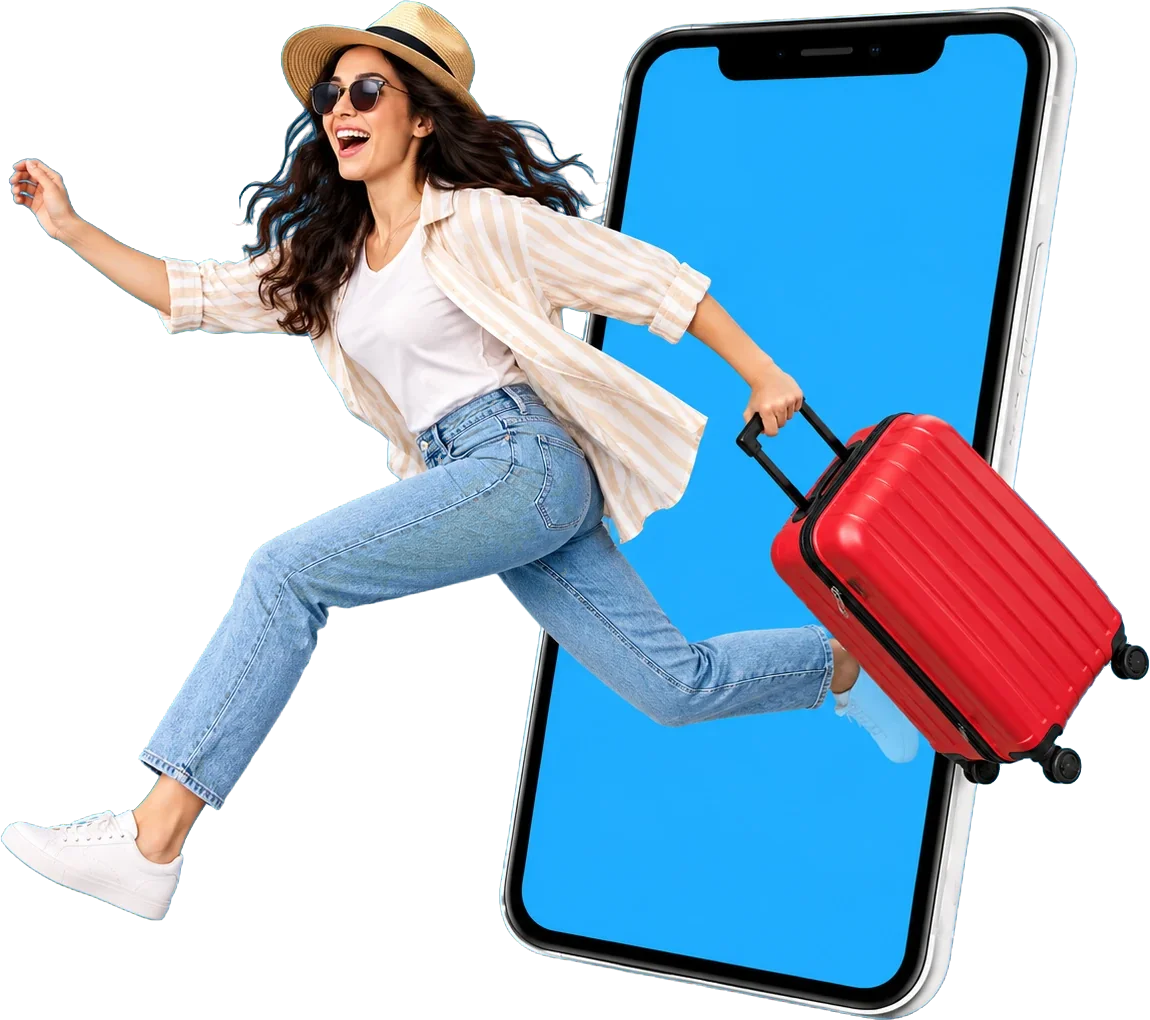A smiling traveller with a red suitcase leaping out of a phone screen