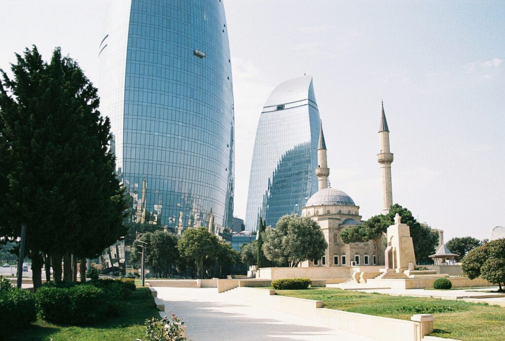 The Fairmont Baku Flame Towers seen from Baku Boulevard